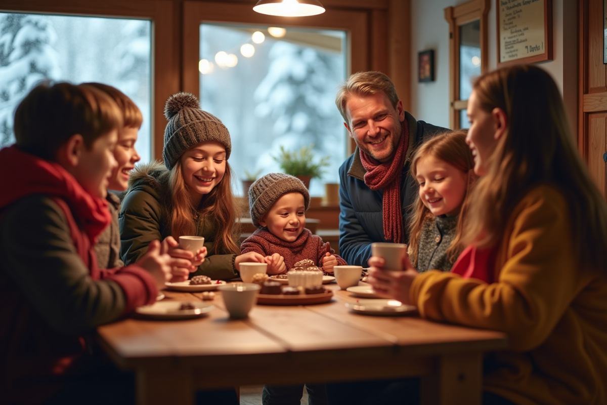 Enfants et parents dégustant du chocolat dans un chalet chaleureux