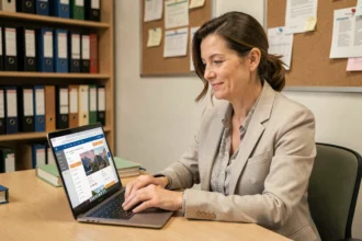 Enseignante consultant des offres de voyage en ligne sur son ordinateur portable dans une salle des professeurs