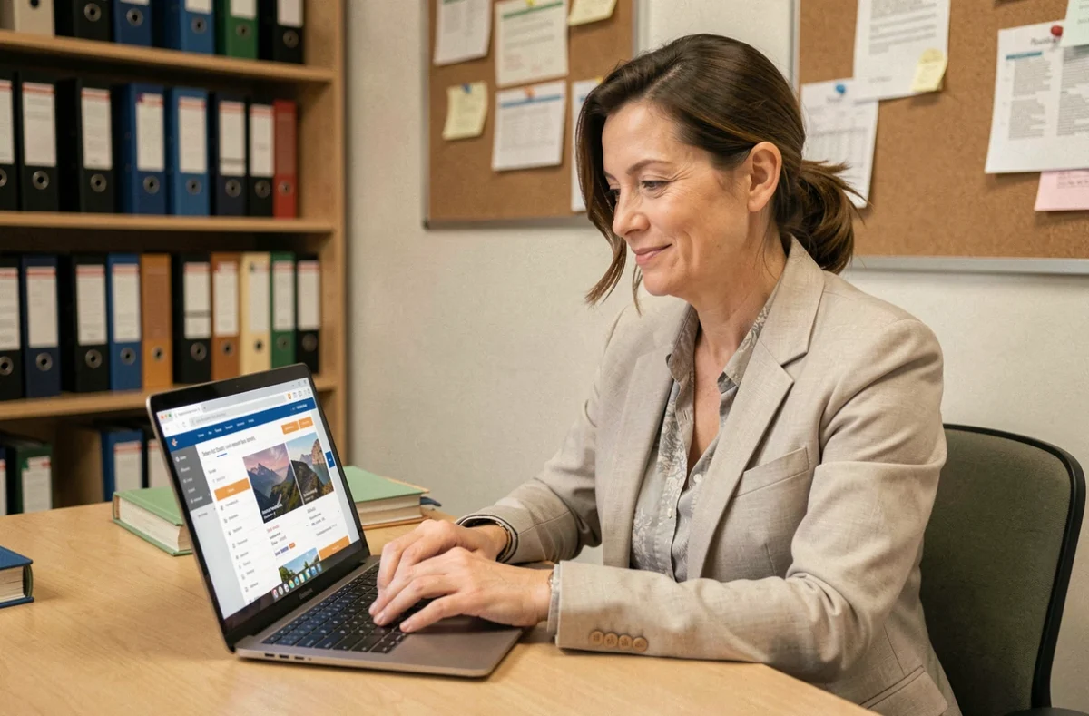Enseignante consultant des offres de voyage en ligne sur son ordinateur portable dans une salle des professeurs