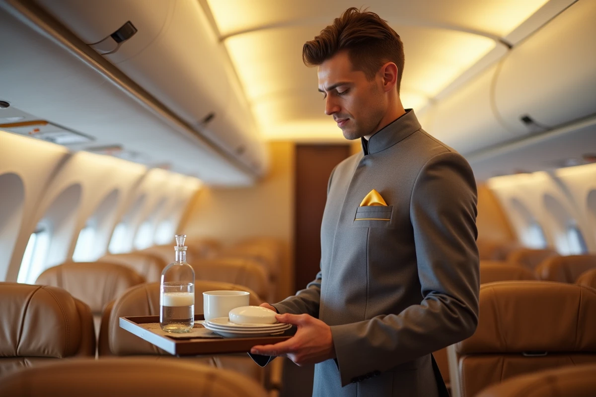 Membre d'équipage Etihad Airways en uniforme soignant le service en classe affaires à bord d'un avion