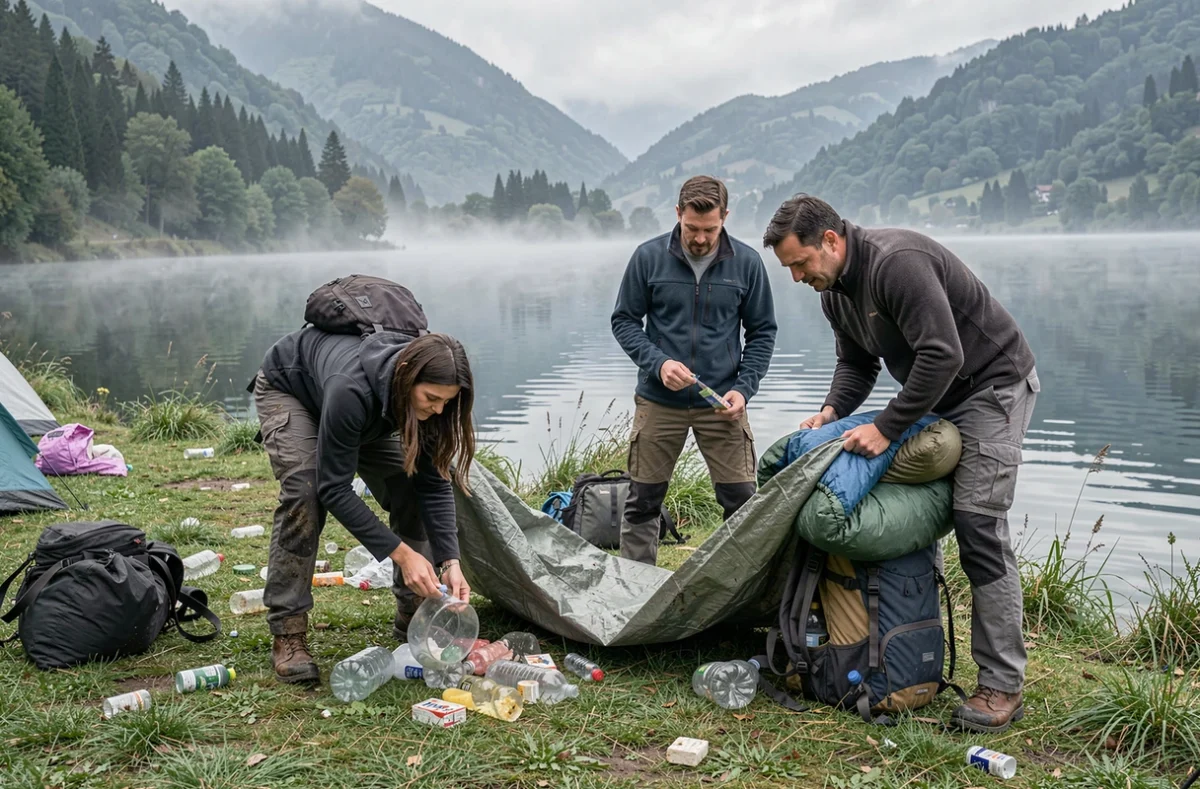 Groupe de campeurs français ramassant leurs affaires et déchets sur un site de camping sauvage illégal au bord d'un lac italien