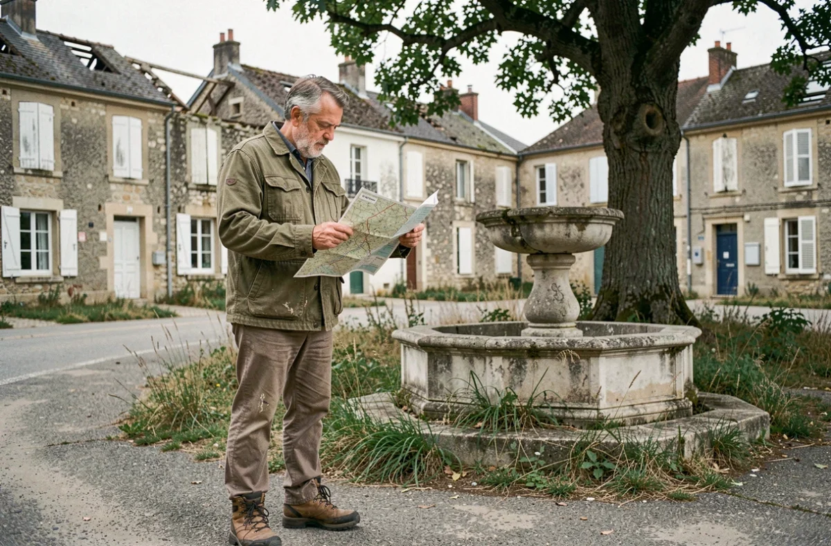 Homme explorant une place de village abandonné en France avec une carte topographique à la main