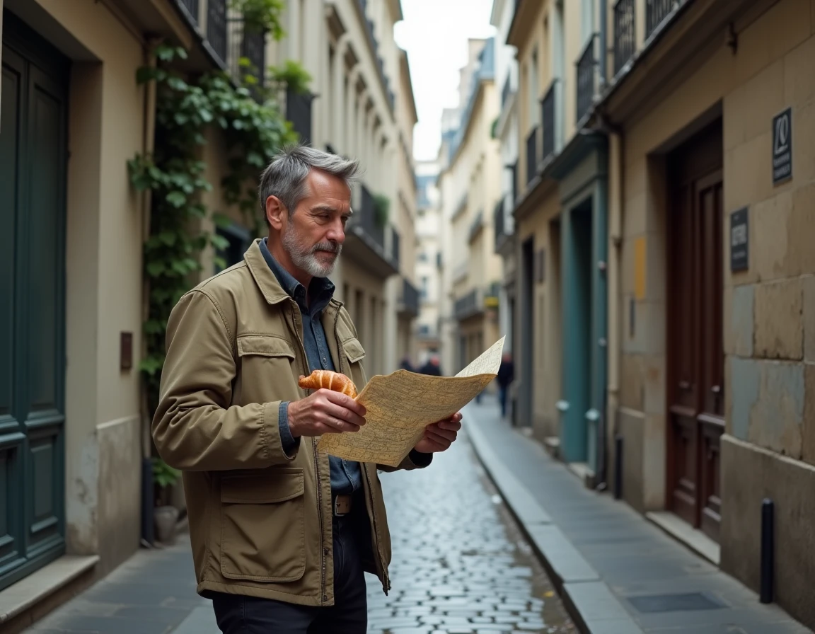 Homme explorant une ruelle méconnue de Paris avec une carte à la main un dimanche