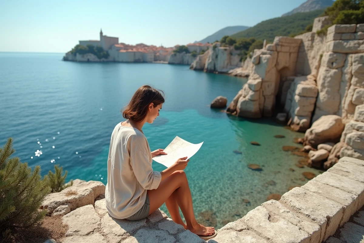 Voyageuse solo explorant seule les ruines côtières de l'île de Lokrum avec vue sur la vieille ville de Dubrovnik en arrière-plan