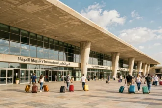 Façade extérieure de l'aéroport Mohammed V de Casablanca avec des voyageurs marchant vers l'entrée principale