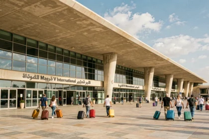 Façade extérieure de l'aéroport Mohammed V de Casablanca avec des voyageurs marchant vers l'entrée principale