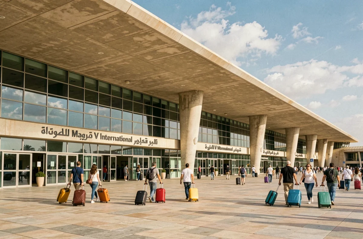 Façade extérieure de l'aéroport Mohammed V de Casablanca avec des voyageurs marchant vers l'entrée principale