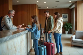 Famille avec deux adolescents en train de s'enregistrer à la réception d'un hôtel moderne en France