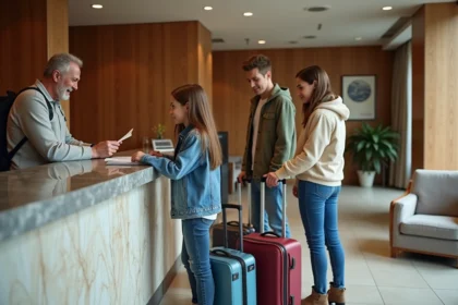 Famille avec deux adolescents en train de s'enregistrer à la réception d'un hôtel moderne en France