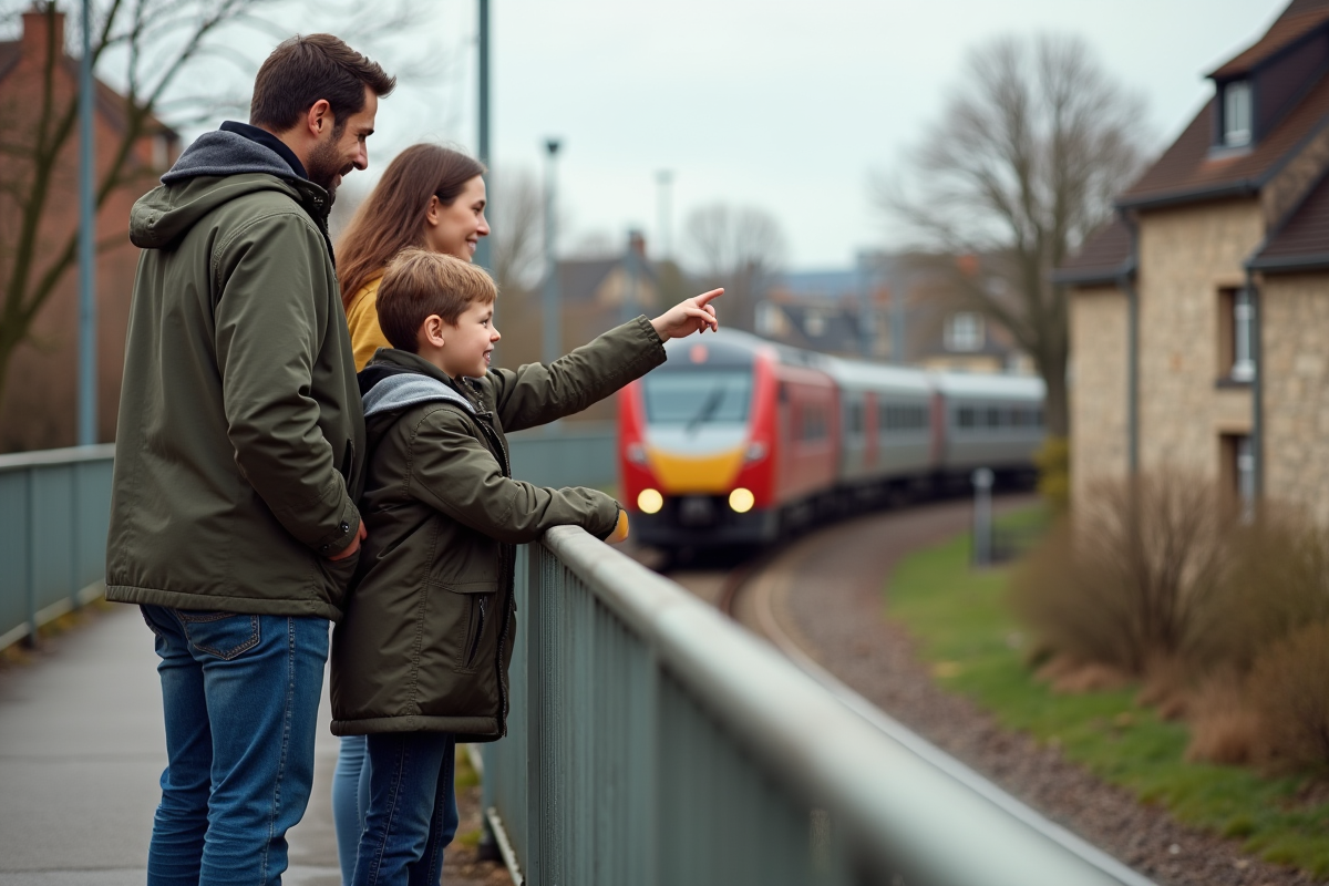 Famille regardant un train dans un village français