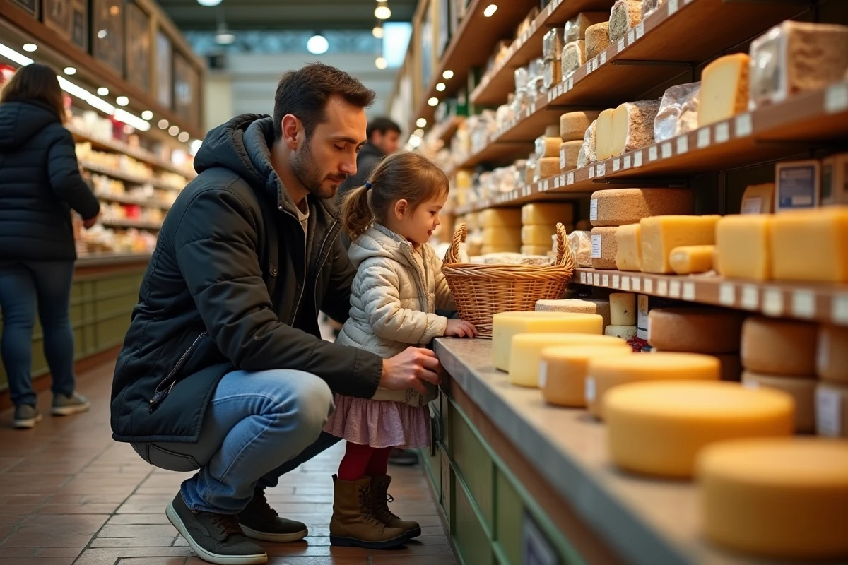 Père et fille inspectant un panier de fromages au marché