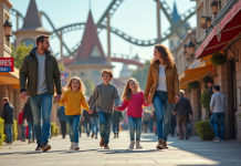 Famille de quatre se promenant dans un parc d'attractions français