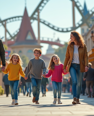 Famille de quatre se promenant dans un parc d'attractions français