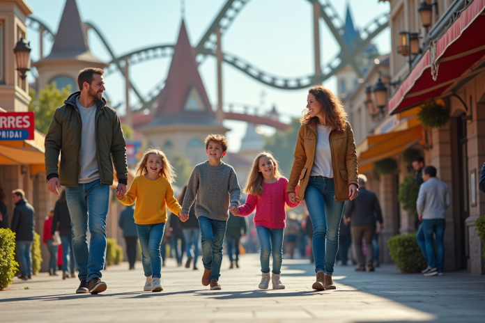 Famille de quatre se promenant dans un parc d'attractions français