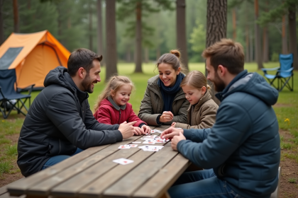 Famille de quatre autour d'une table en plein air en camping