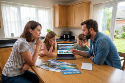 Famille planifiant leurs vacances 2026 autour d'une table avec brochures et budget de voyage