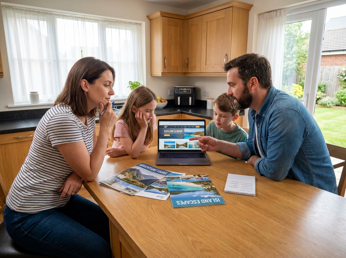 Famille planifiant leurs vacances 2026 autour d'une table avec brochures et budget de voyage