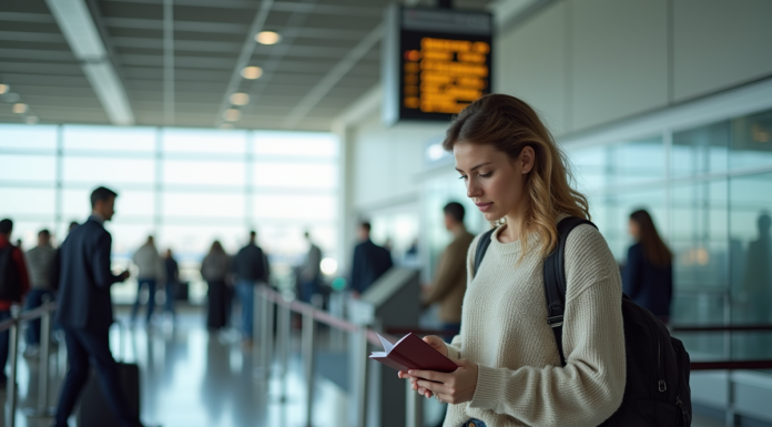 Femme à l'aéroport vérifiant son passeport et billet
