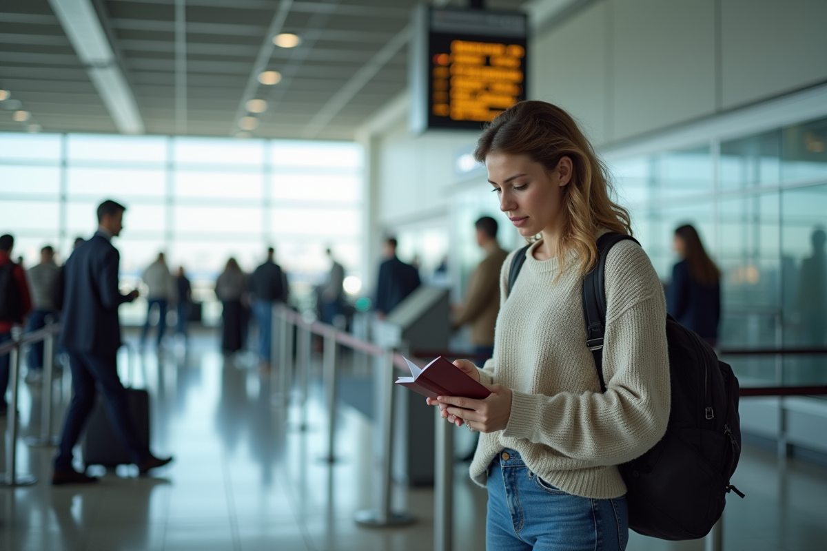 Femme à l'aéroport vérifiant son passeport et billet