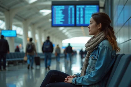 Jeune femme dans un lounge aéroport avec tableau de départs
