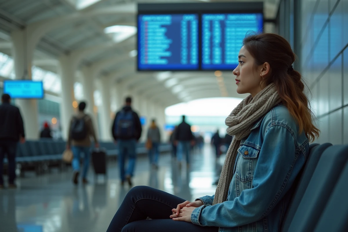 Jeune femme dans un lounge aéroport avec tableau de départs
