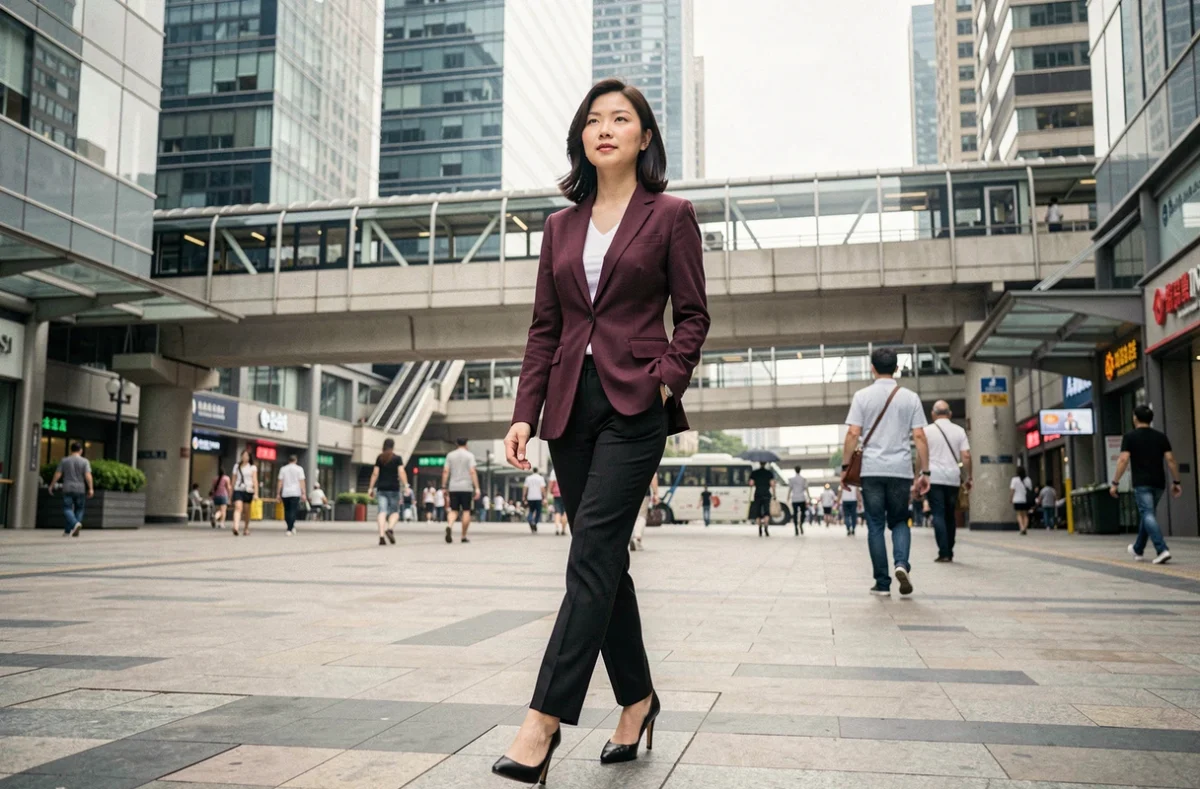 Femme d'affaires traversant le quartier d'affaires de Tianhe à Guangzhou, immeubles modernes et infrastructure urbaine en arrière-plan