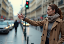 Jeune femme signale un taxi dans une rue parisienne