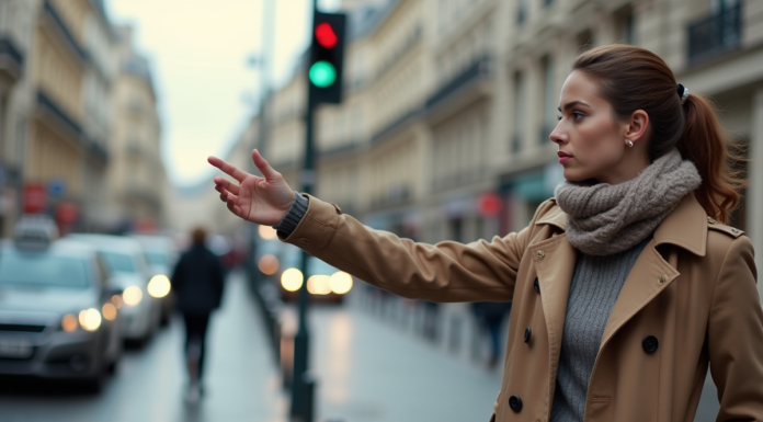 Jeune femme signale un taxi dans une rue parisienne