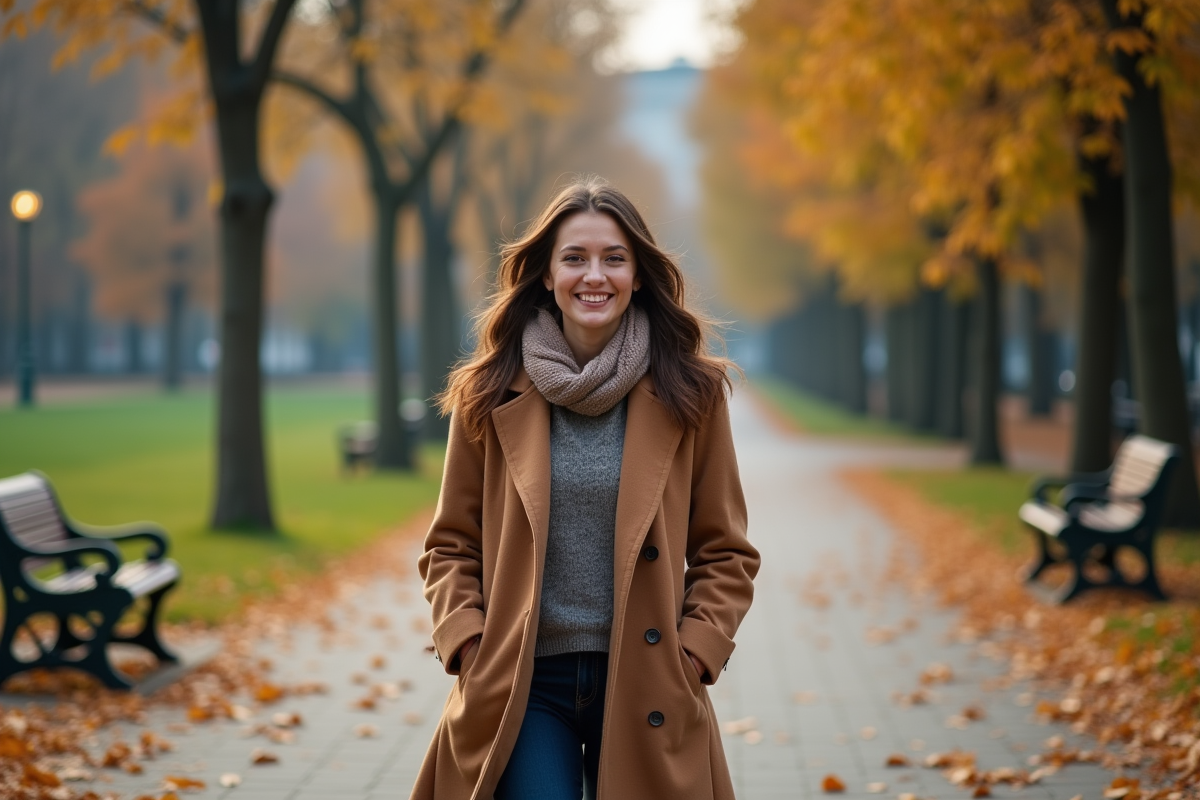 Jeune femme marchant dans un parc automnal