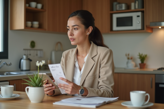 Femme tenant des billets d'avion à la maison