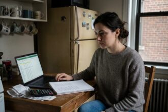 Femme concentrée à son budget dans une cuisine modeste