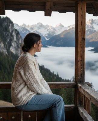 Jeune femme dans une cabane de montagne en hiver