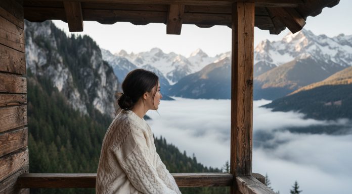 Jeune femme dans une cabane de montagne en hiver