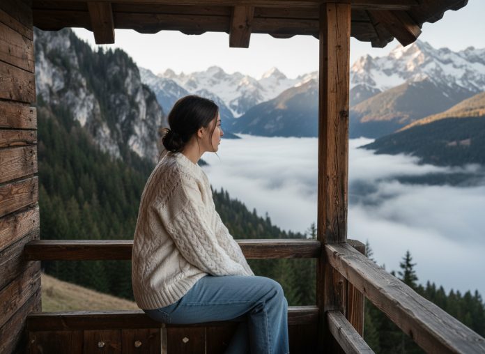Jeune femme dans une cabane de montagne en hiver