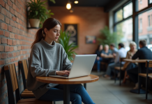 Femme assise dans un café urbain avec ordinateur portable