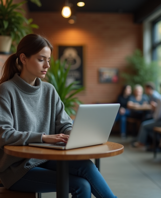 Femme assise dans un café urbain avec ordinateur portable