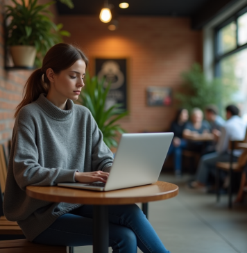 Femme assise dans un café urbain avec ordinateur portable