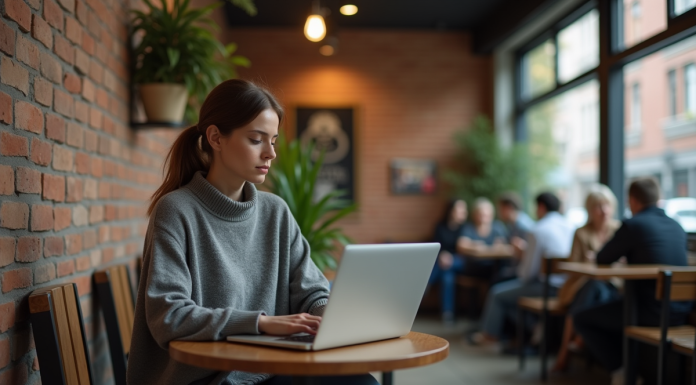 Femme assise dans un café urbain avec ordinateur portable