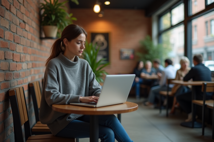 Femme assise dans un café urbain avec ordinateur portable