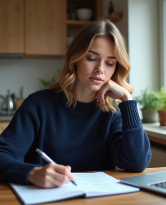 Jeune femme calculant ses frais de vol dans une cuisine moderne
