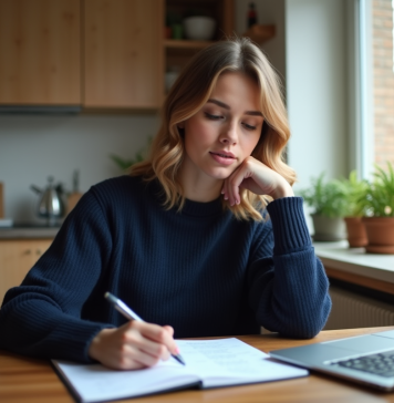 Budget autorisé pour voyager en avion en Belgique : découvrez la somme maximale permise ! Jeune femme calculant ses frais de vol dans une cuisine moderne