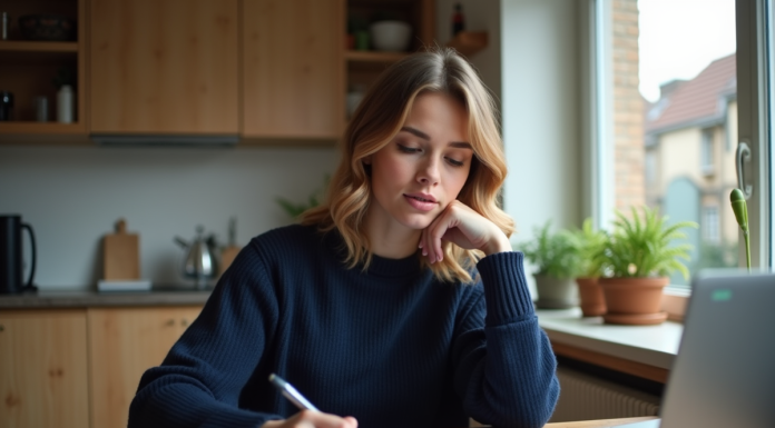 Jeune femme calculant ses frais de vol dans une cuisine moderne