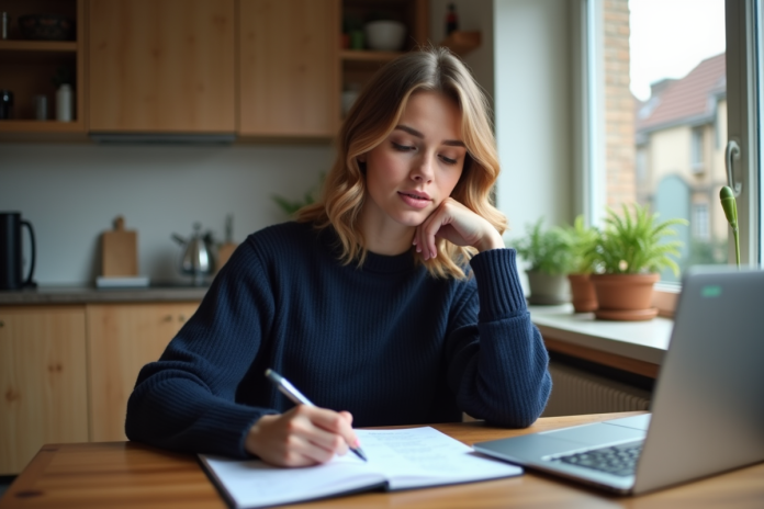 Jeune femme calculant ses frais de vol dans une cuisine moderne