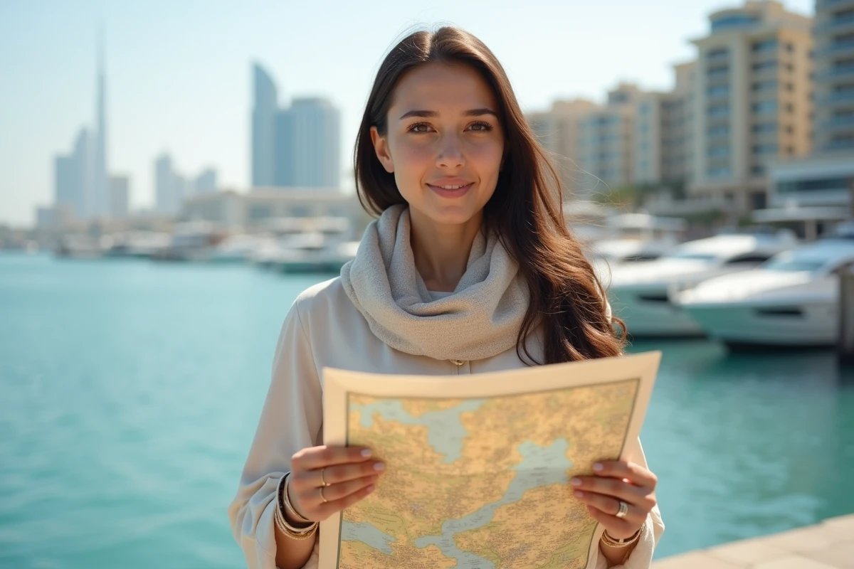 Jeune femme regardant une carte de Dubai au bord de l'eau