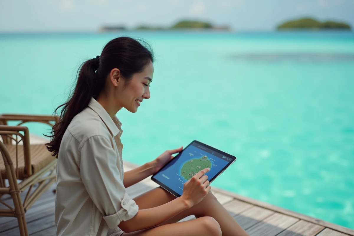 Femme consultant une carte interactive des atolls des Maldives sur tablette depuis un bungalow sur pilotis