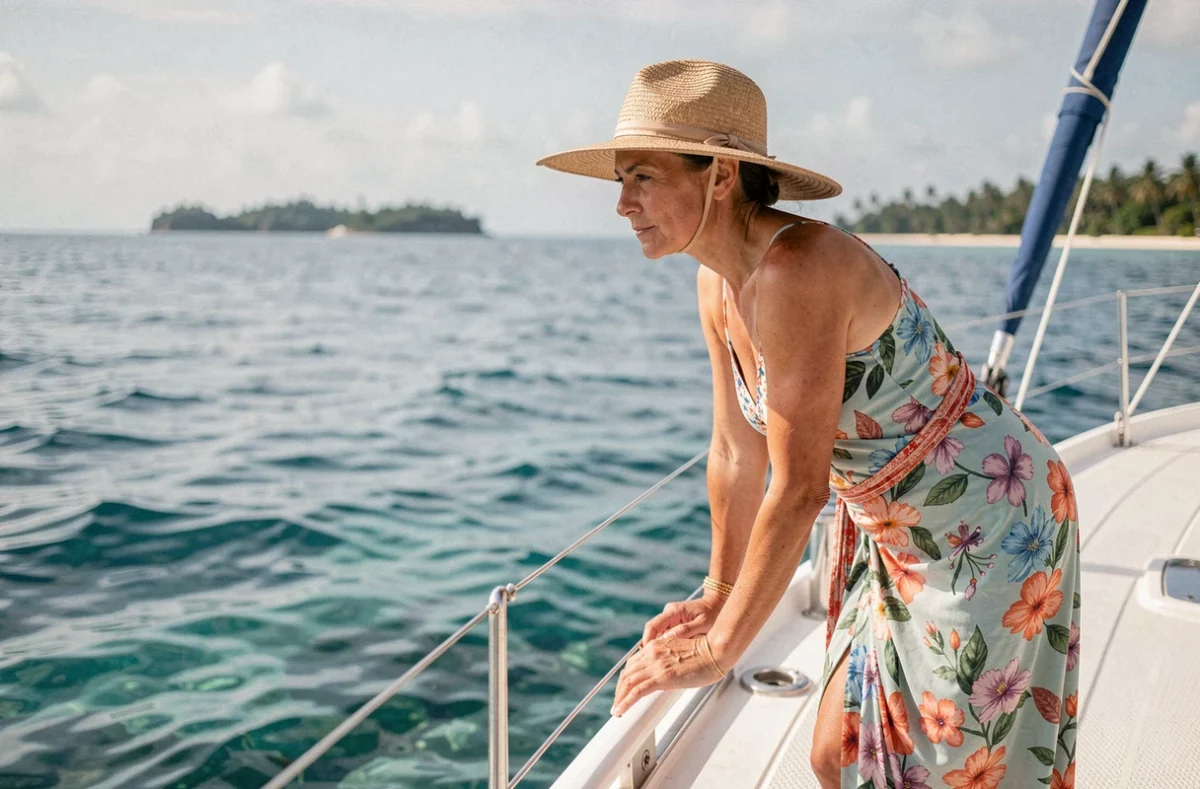 Femme allongée sur le filet de proue d'un catamaran observant l'océan Indien turquoise lors d'une croisière aux Seychelles