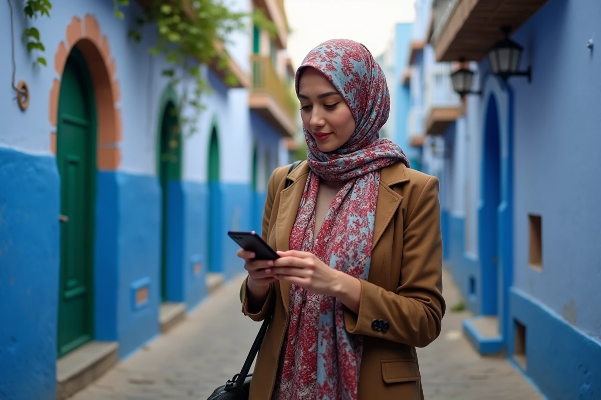 Jeune femme marocaine dans une rue bleue de Chefchaouen