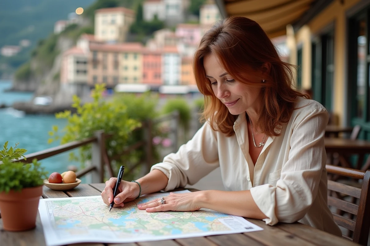 Femme étudiant une carte des Cinque Terre en extérieur