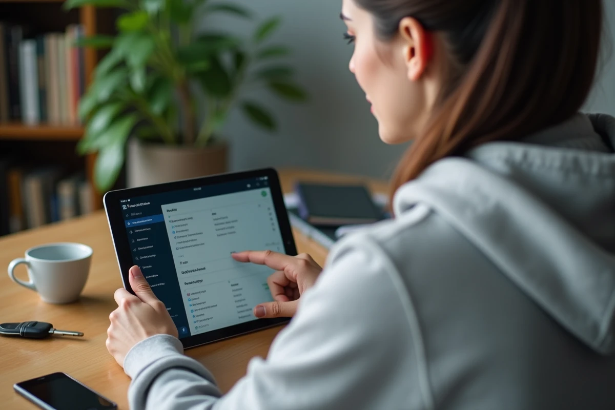 Femme configurant les paramètres de véhicule sur une application de navigation type Mamppy sur tablette à domicile