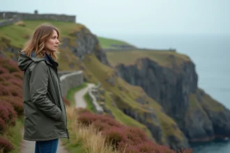 Femme regardant la côte sauvage de l'île de Man